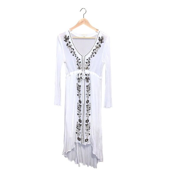 Lovestitch White Long Sleeve Tan Brown Floral Embroidered Flowy Maxi Dress M - Picture 1 of 7